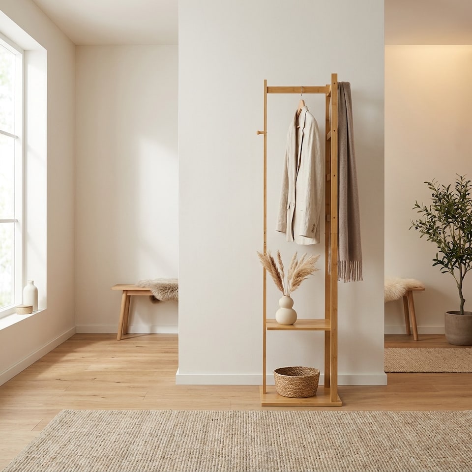 image 1 of Narrow Wooden Clothes Rail With 2 Shelves Brown | One Size