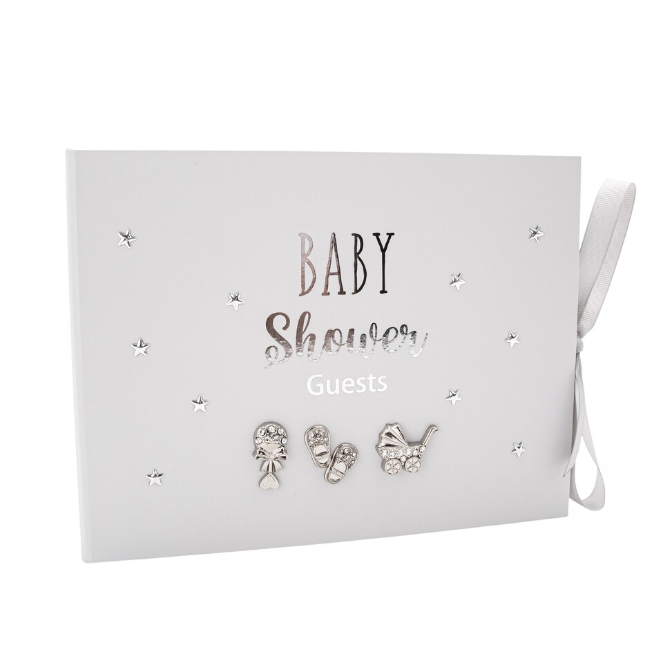 image 1 of Grey Baby Shower Guest Book with Silver Plated Rattle Pram and Booties