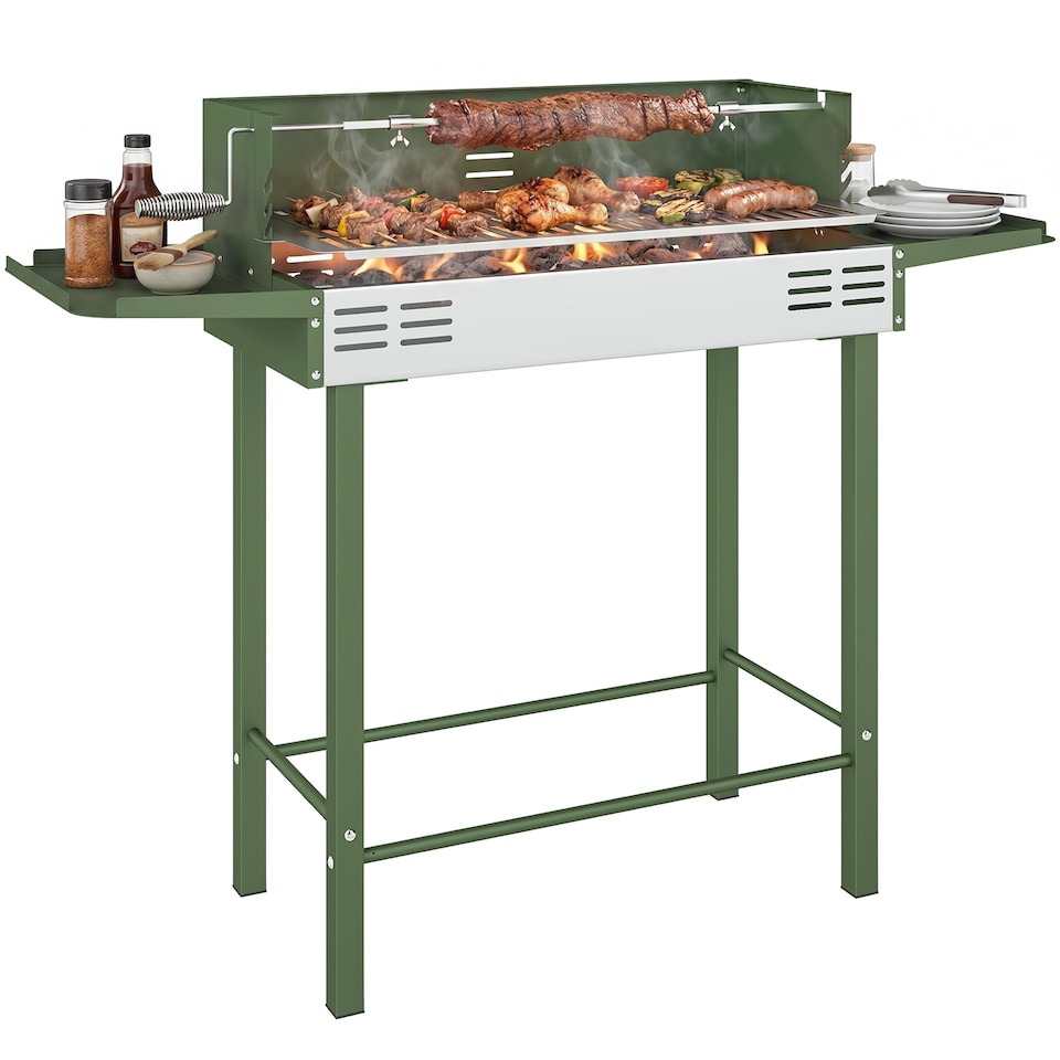 image 1 of Outsunny Charcoal Spit Roasting Machine w/ 3-Tier Grill Grate, Dark Green | Green | Dark Green | 118L x 32W x 90H cm