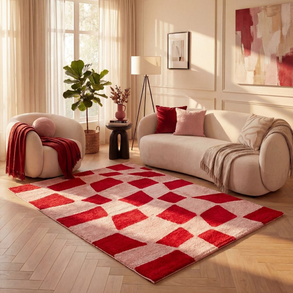 image 1 of The Rugs Joli Collection Chequered Soft and Dense Pile Living Room and Bedroom Floor Rug