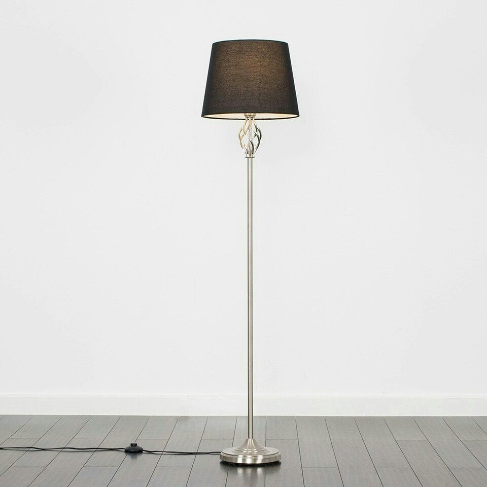 image 1 of ValueLights Memphis Twist Silver Floor Lamp Black Tapered Shade