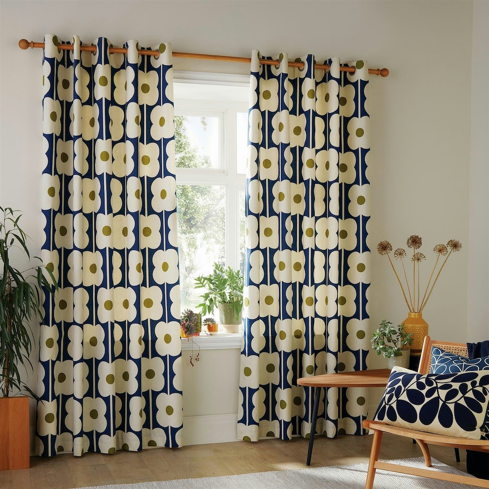 image 1 of Orla Kiely Abacus Flower Eyelet Curtains Navy Blue | 66X90"