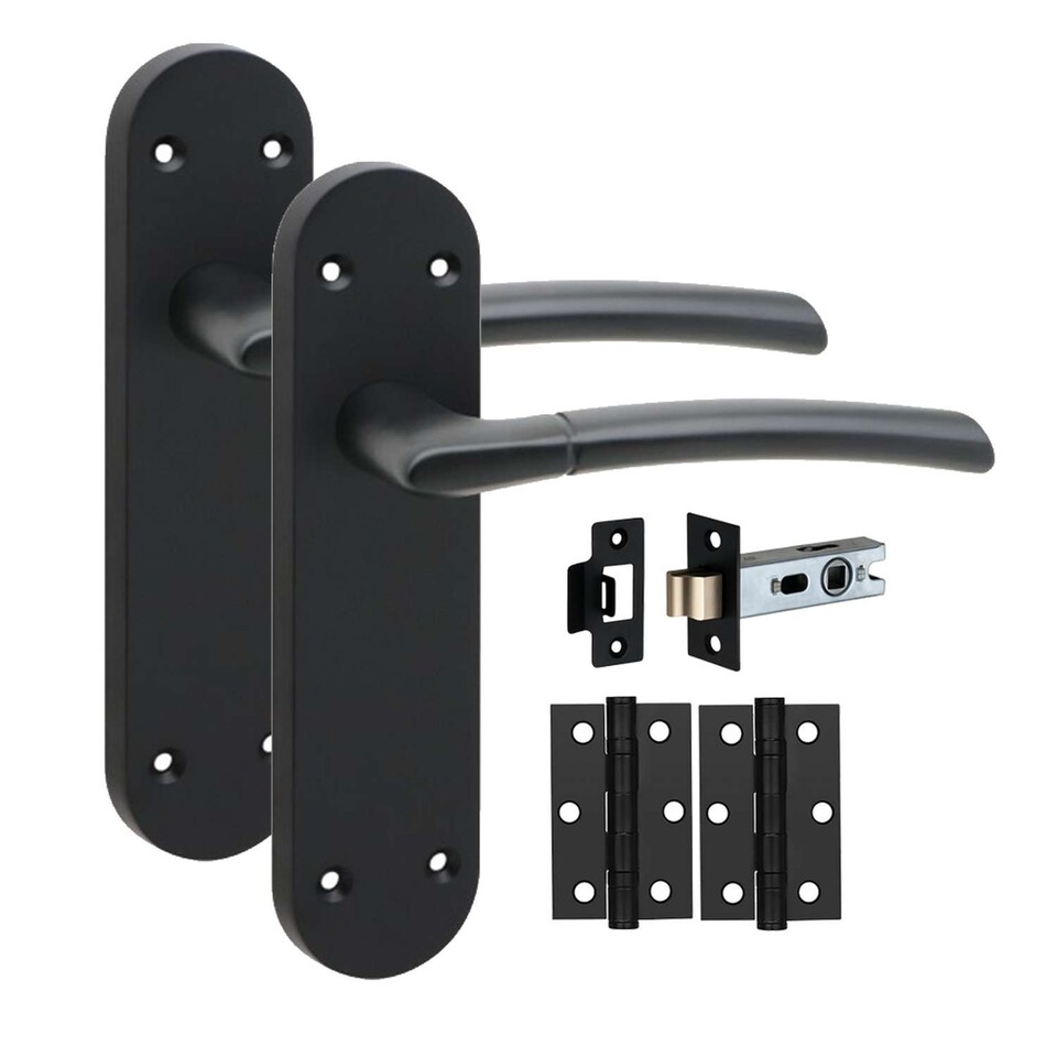 image 1 of Golden Grace 4 Pairs Victorian Indiana Design Long Rounded Backplate Internal Door Handle Matt Black with 2.5" Latch & Hinges - 182mm x 45mm