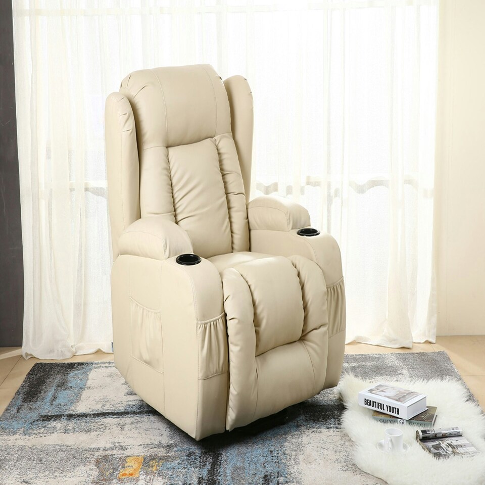 image 1 of Caesar Single Motor Rise Recliner Bonded Leather Heat & Massage Chair (Cream)