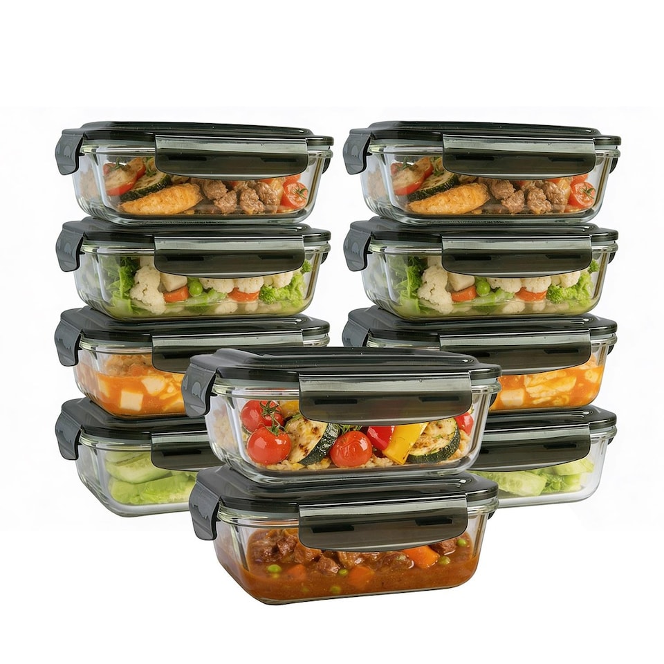 image 1 of 380ml Meal Prep Glass Containers with Airtight Lids Clip Lock Takeaway Containers Pack 10