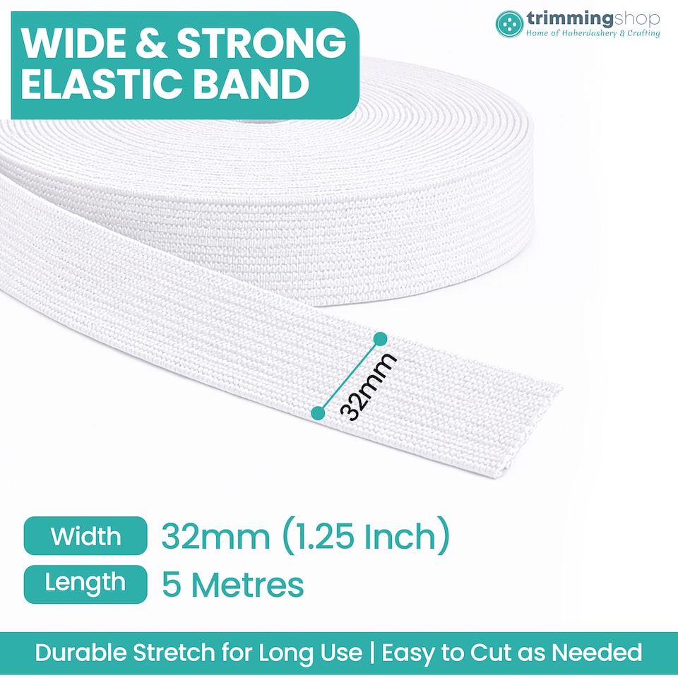 image 1 of 32mm White Wide Flat Elastic Band, Polyester Waistband Tape Cord - 5M
