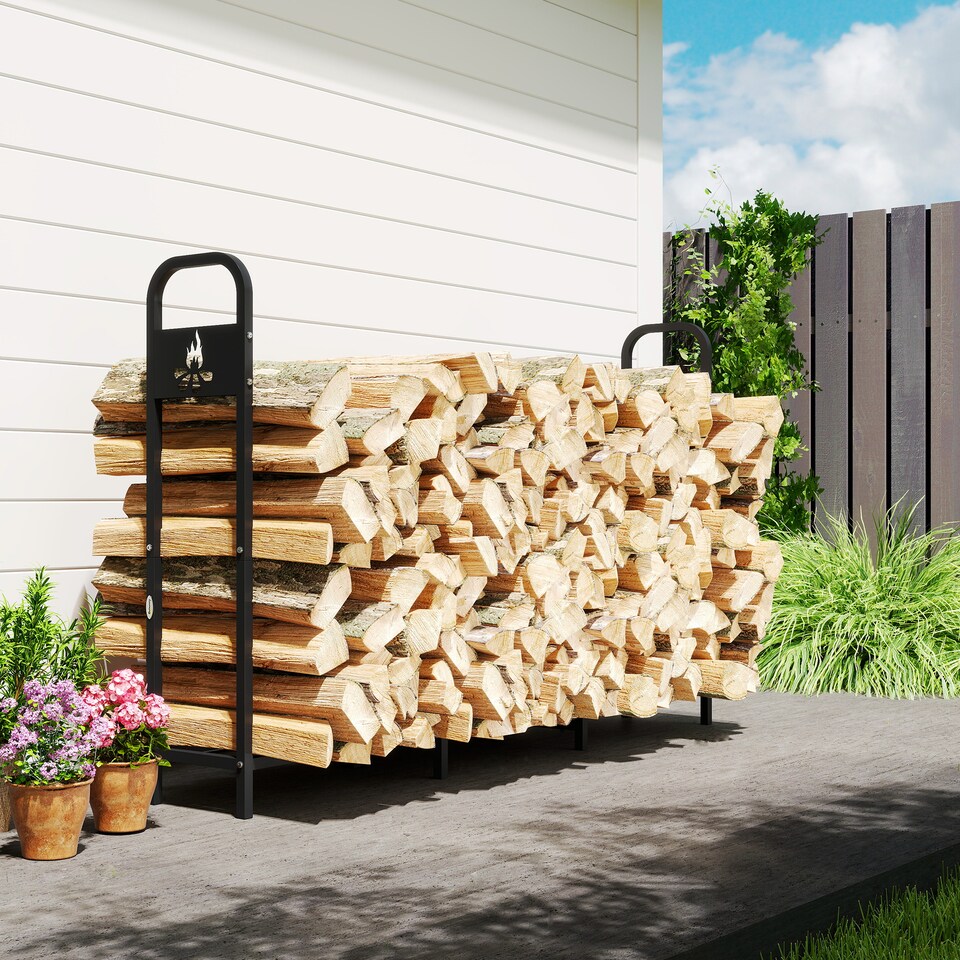 image 1 of Outsunny 6.5 FT Steel Firewood Log Rack with 300 kg Capacity, Heavy Duty Indoor Outdoor Fireplace Wood Storage Shelf, Log Holder/Stand with Extra Support Legs, Decorative Bonfire Pattern, Black