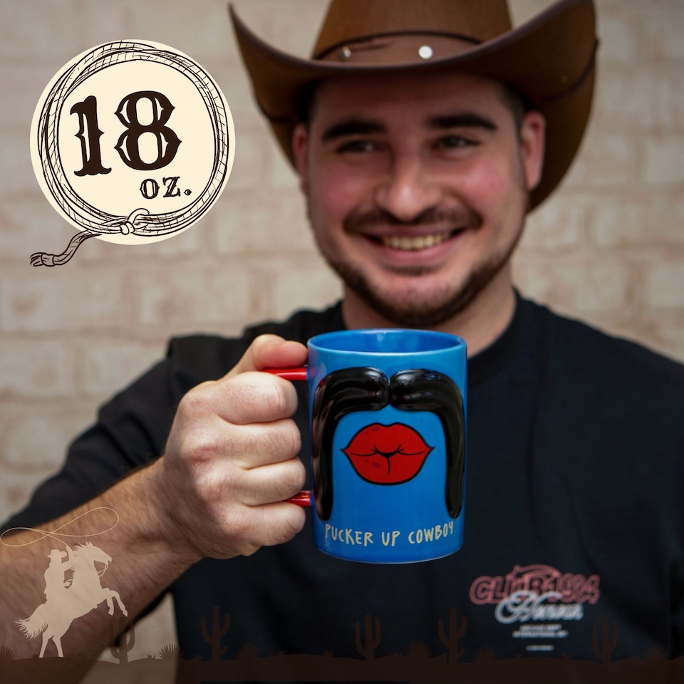 image 1 of Pucker Up Cowboy Moustache Mug 18oz - Funny Mens Gift