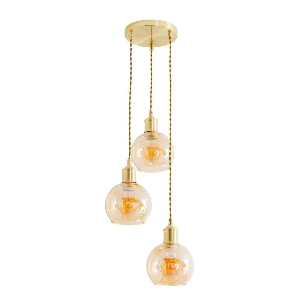 image 1 of ValueLights Bellamy Amber Glass Globe 3 Drop Cluster Brushed Gold Ceiling Pendant Light Gold