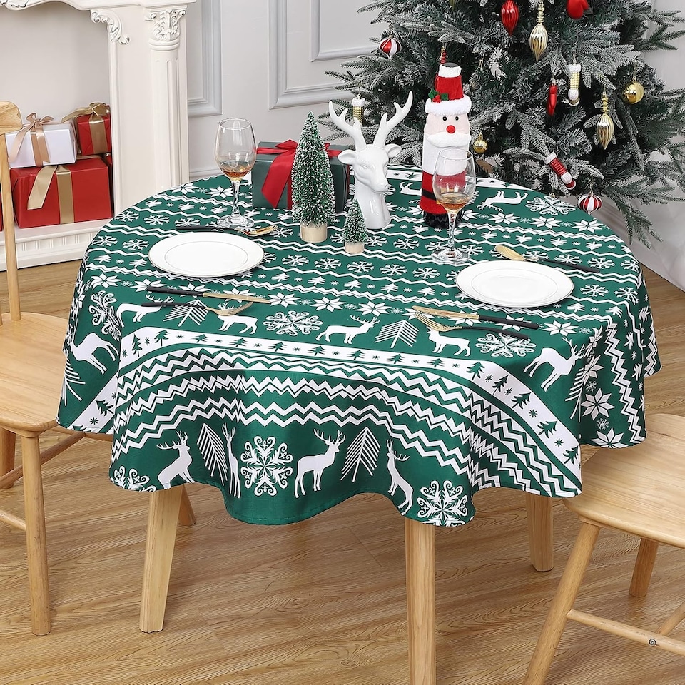 image 1 of London Boutique Round Christmas Tablecloth, Stain‑Resistant Wrinkle‑Resistant, Snowflake and Reindeer Print, Green, 60 in