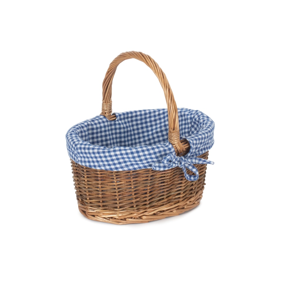 image 1 of Small Blue Checked Lined Country Oval Wicker Shopping Basket | Blue | Blue