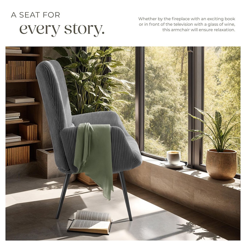 image 1 of Armchair Hygge - padded, armrests and ergonomic backrest, 150 kg load capacity | Grey | Wide cord anthracite/black | One Size | 1
