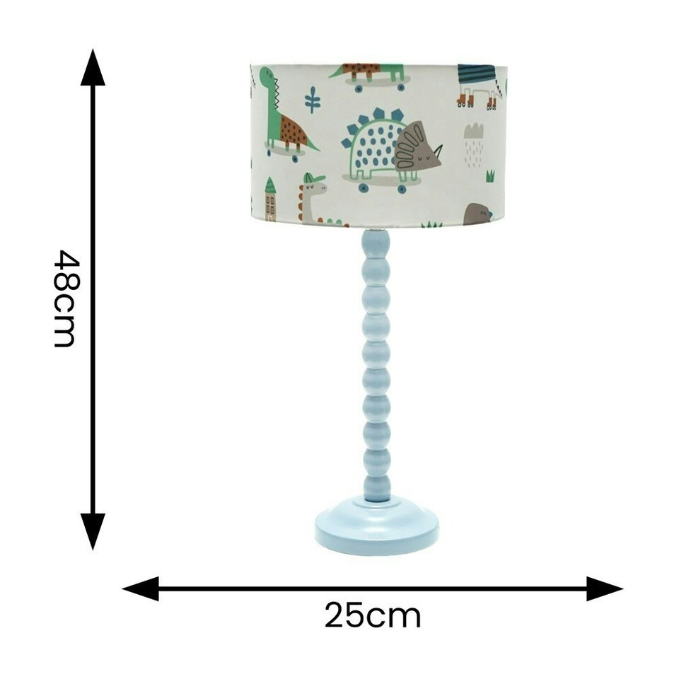 image 1 of ValueLights Bobbles Powder Blue Bobbin Table Lamp with Cartoon Dino Shade