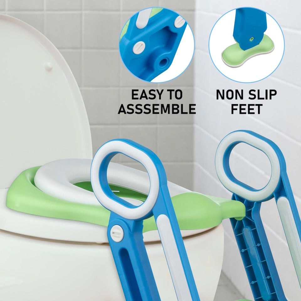 image 1 of Children Baby Toddler Kid Potty Training Toilet Seat Trainer Urinal Chair with Ladder, Green & Blue