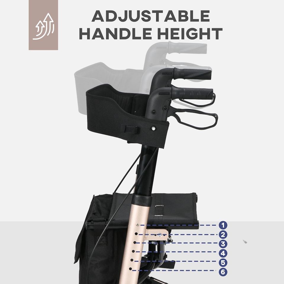 image 1 of HOMCOM 4 Wheel Rollator with Seat and Back, Folding Mobility Walker with Carry Bag, Adjustable Height, Dual Brakes, Cane Holder, Lightweight Aluminium Walking Frame for Seniors and Disabled, Gold Tone