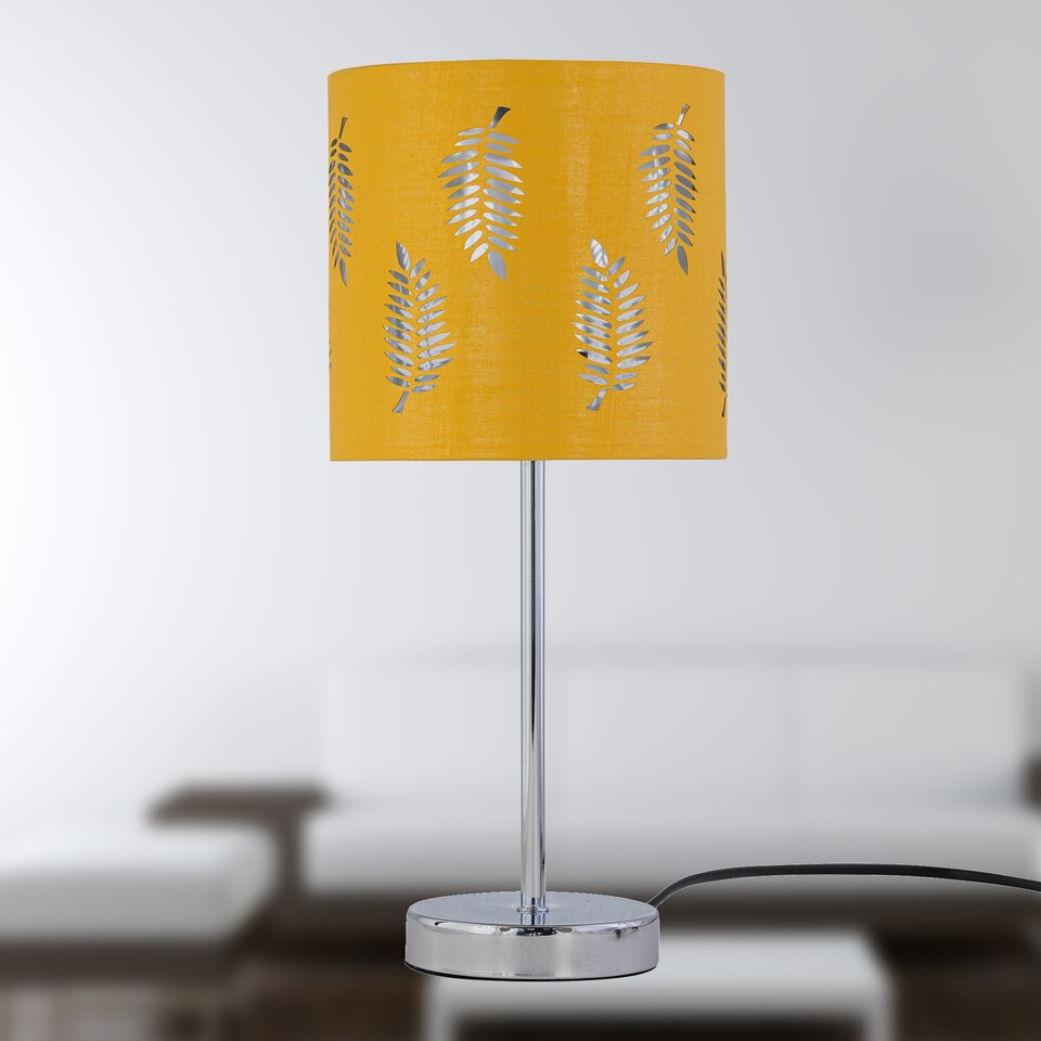 image 1 of Set of 2 Chrome Touch Table Lamps with Ochre Mustard Fern Shades | Chrome | Polished chrome plate and ochre cotton with silver inner detail | 2