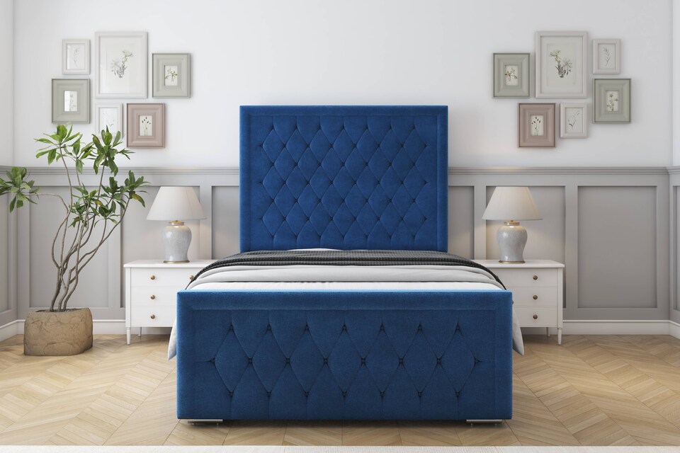 image 1 of Sloomy Monroe Navy Plush Bed Frame With 50" Upholstered Headboard 3' Single
