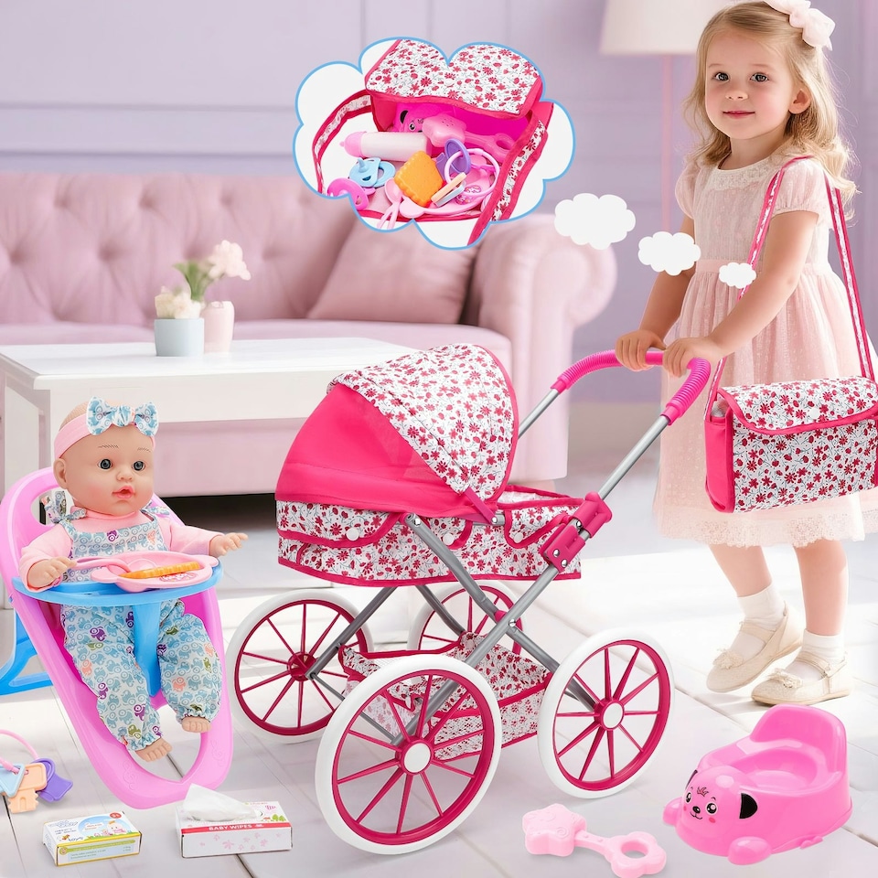 image 1 of 12 inch Baby Doll Feeding Play Set with Stroller High Chair Feeding Set Clothes Storage Bag Pretent Play