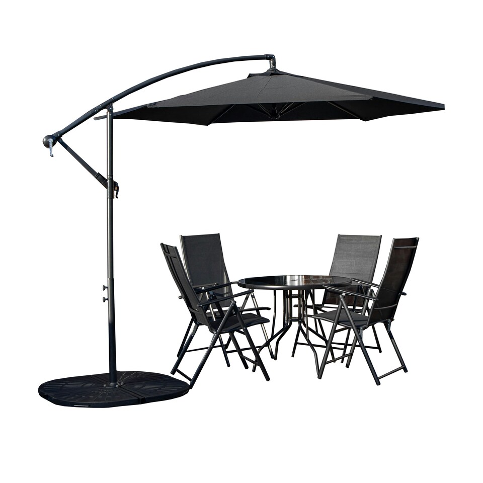 image 1 of Outdoor 4 Person Round Glass Top Garden Dining Table Chairs With Black Banana Parasol and Base