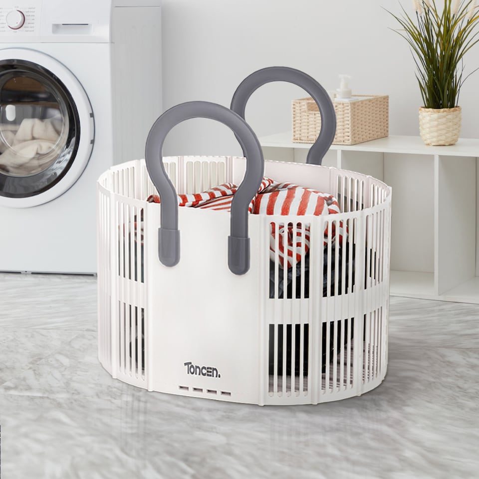 image 1 of Living and Home Foldable Plastic Laundry Basket, White | White