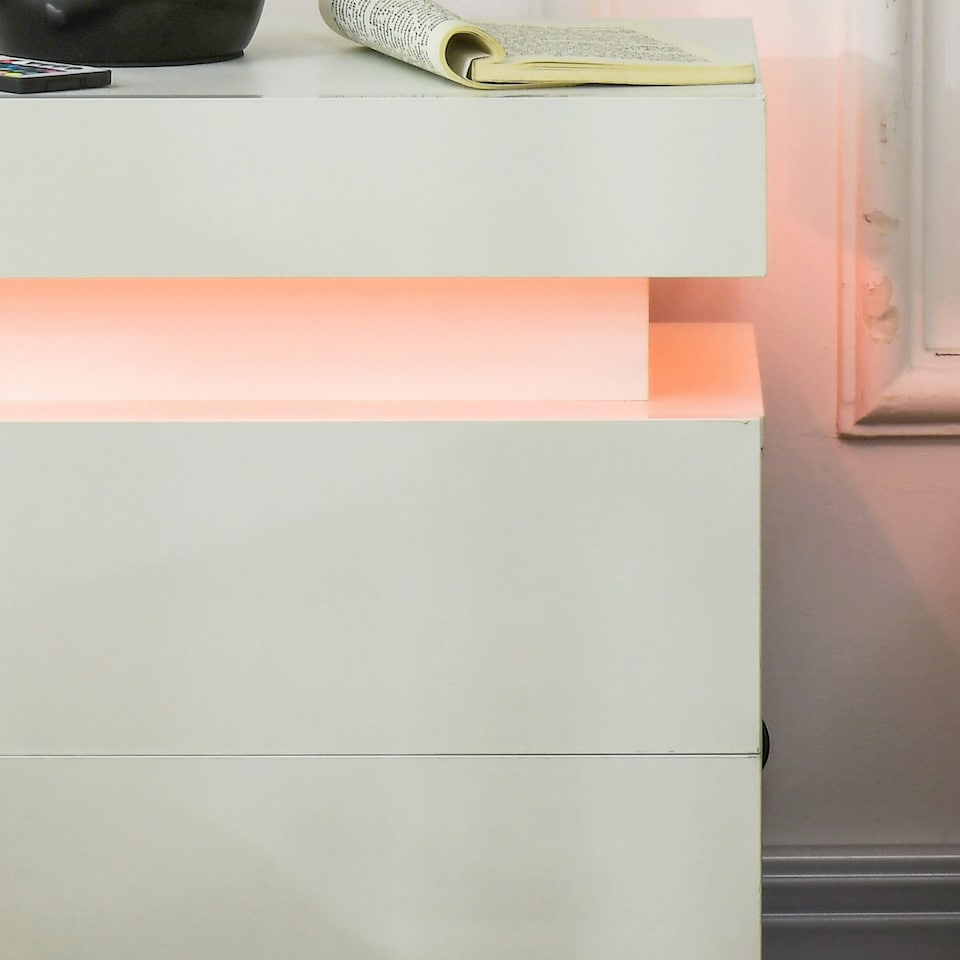 image 1 of HOMCOM High Gloss Bedside Table with LED Light and 2 Drawers, White