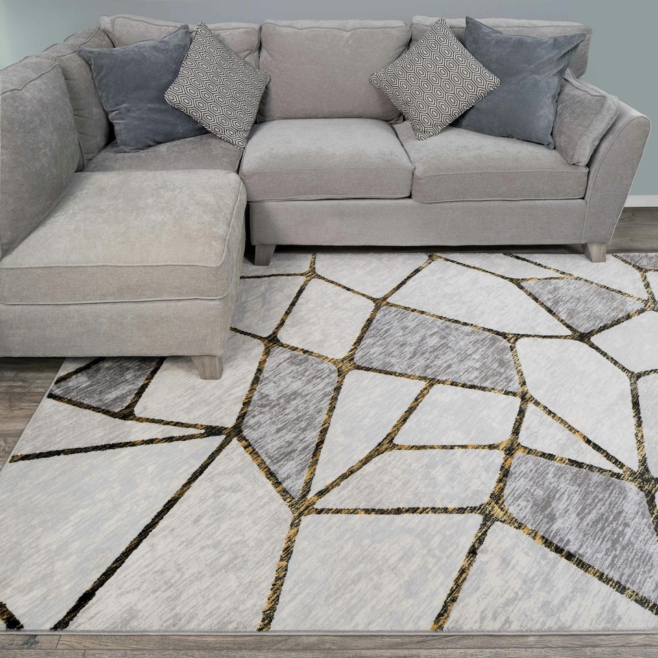 image 1 of KUKOON Grey Gold Abstract Marble Modern Living Room Area Rug 80cm x 150cm