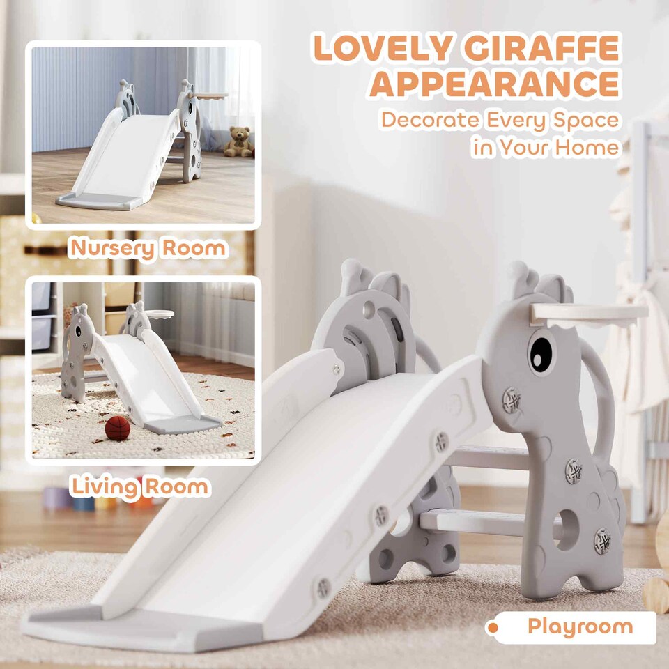 image 1 of AIYAPLAY 3 in 1 Kids Slide with Climber, Basketball Hoop and Ball, Grey