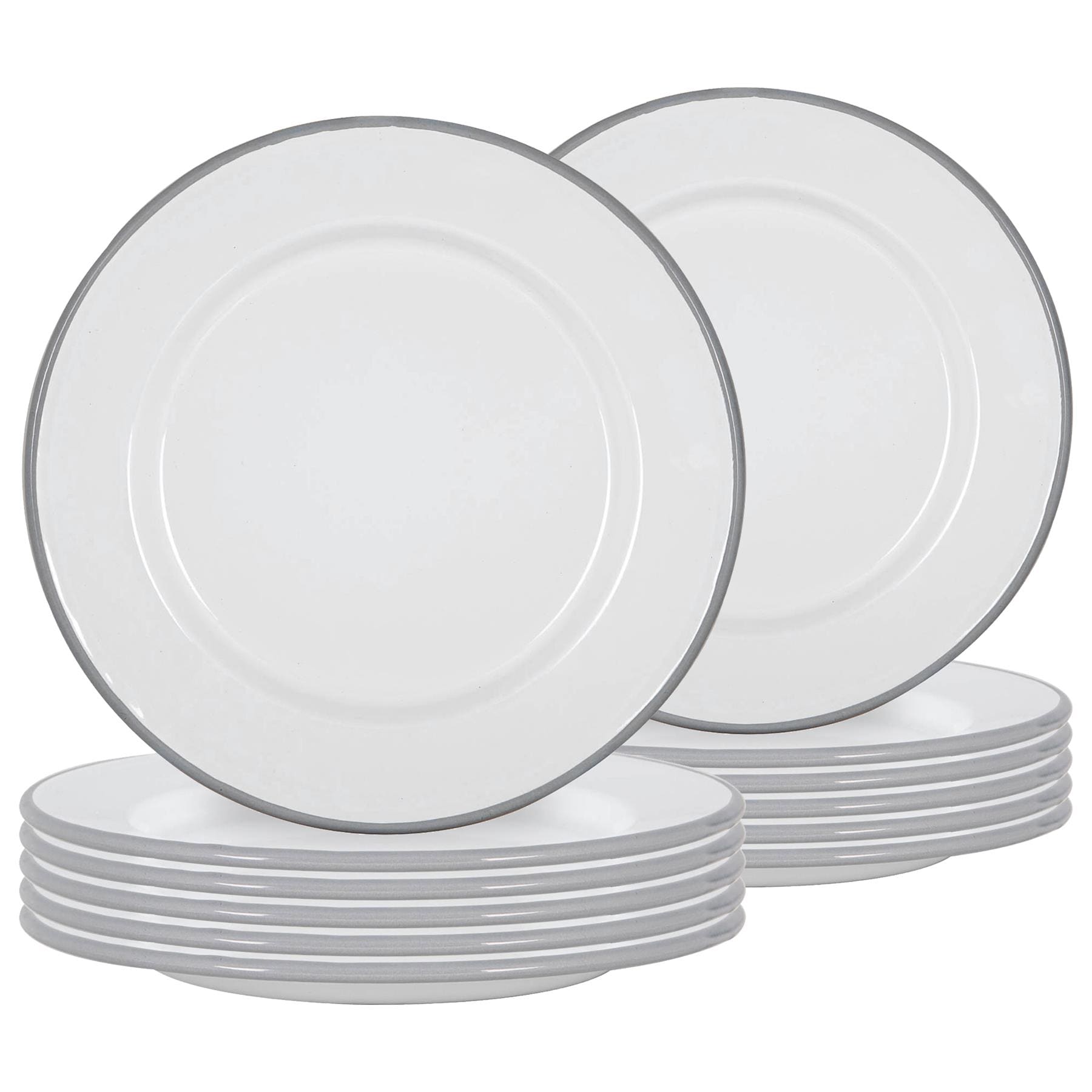 Argon Tableware White Enamel Dinner Plates - 25.5cm - Grey - Pack of 12