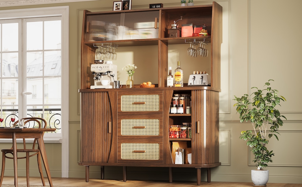 image 1 of VILUXE Tall Kitchen Storage Cabinet with Rattan-Effect Drawers and Glass Sliding Doors, 140 cm, Walnut