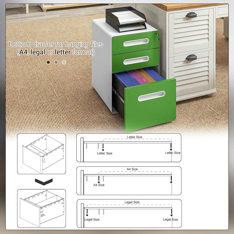image 1 of Vinsetto 3 Drawer Modern Steel Filing Cabinet w/ 4 Wheels Lock Box Green
