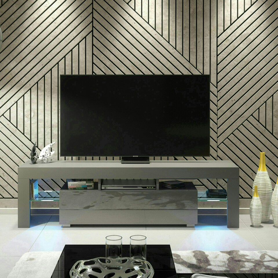 image 1 of TV Unit 160cm Grey Gloss Door Grey Matt Body with LED and Glass Sides Grey