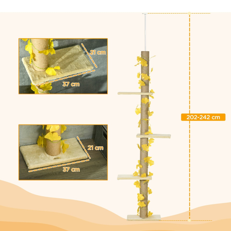 image 1 of PawHut 242cm Floor to Ceiling Cat Tree with Leaves, Scratching Post, Yellow