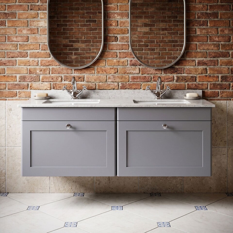 image 1 of Balterley Swynnerton Traditional 2 Drawer Wall Hung Vanity Unit with Double Marble Basin, Satin Grey, 1200mm