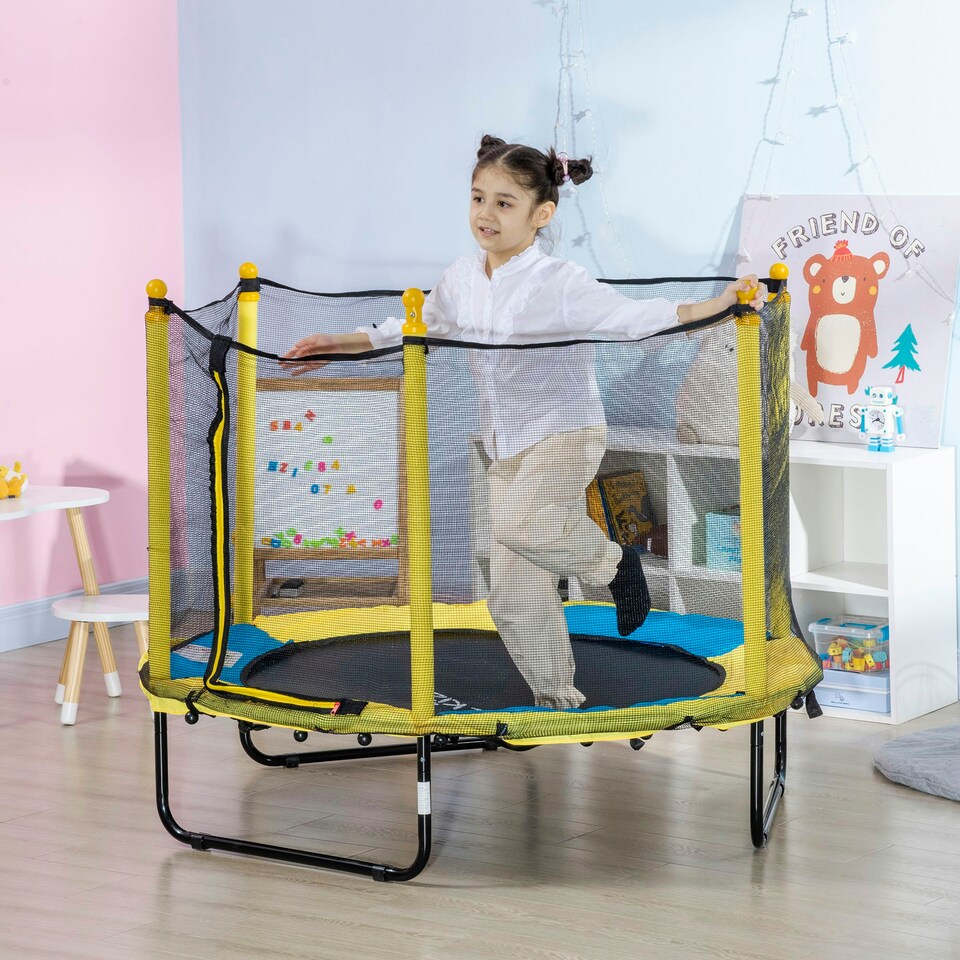 image 1 of HOMCOM 4.6FT Kids Trampoline w/ Enclosure, for Kids 3-10 Years - Yellow