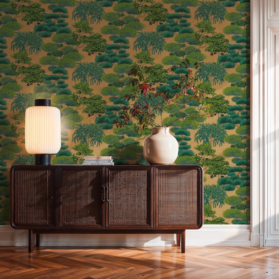image 1 of Woodland Wonder Wallpaper in Greens and Teal on Gold | Gold | Greens and Teal on Gold | 50cm x 10m