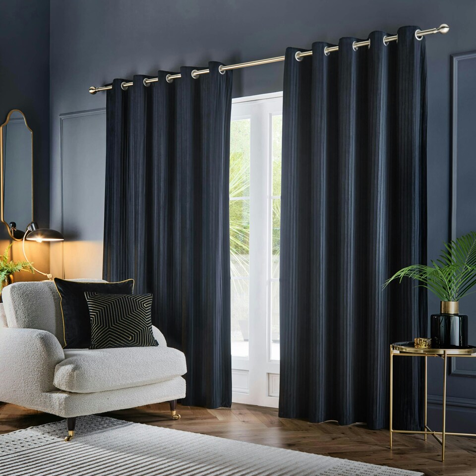 image 1 of Paoletti Corinthian Velvet Room Darkening Navy Eyelet Curtains (W)168cm x (W)229cm cm | Multi