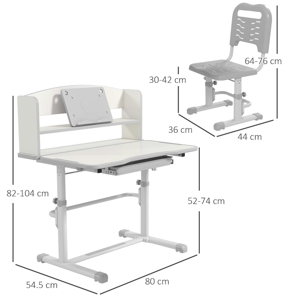 image 1 of ZONEKIZ Height Adjustable Kids Desk and Chair Set, with Drawer, Bookshelf Grey