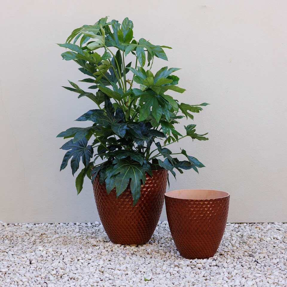 image 1 of Dimpled Glazed Look Round Outdoor Brown Flower Pot Patio Planter 30.5 cm | Brown | Brown | Small H29 x Ø30.5 cm