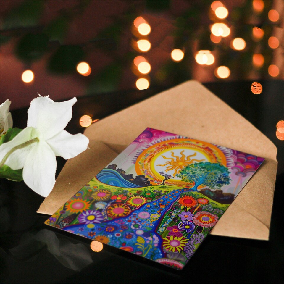 image 1 of Colourful Hippy Folk Art Flowers Sun Trees Landscape Greeting Card