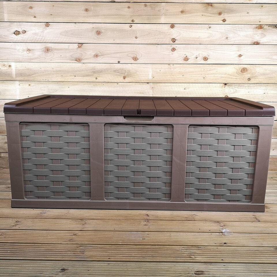 image 1 of HUGE XXL 634 Litre Rattan Sit On Cushion Garden Storage Seat Decking Box In Brown