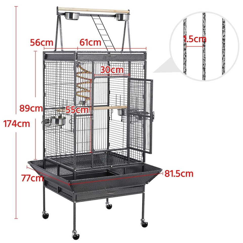 image 1 of Yaheetech 174 cm Tall Play Top Parrot Cage Metal Rolling Bird Cage Black