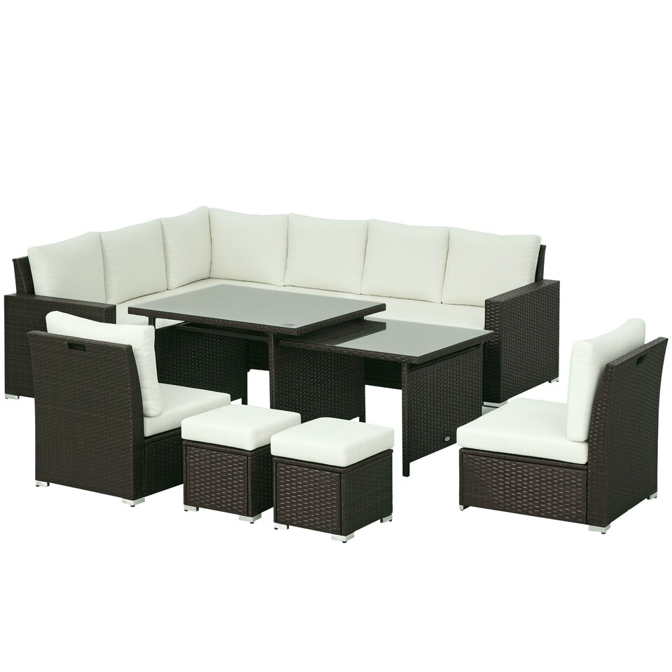image 1 of Outsunny 10-Seater Sofa Sectional w/ Cushioned Seat, Footstools and Glass Table
