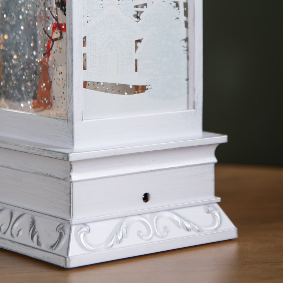 image 1 of 31cm Snowtime Christmas Water Spinner Antique Effect Lantern Snowman & Animals Scene  Dual Powered