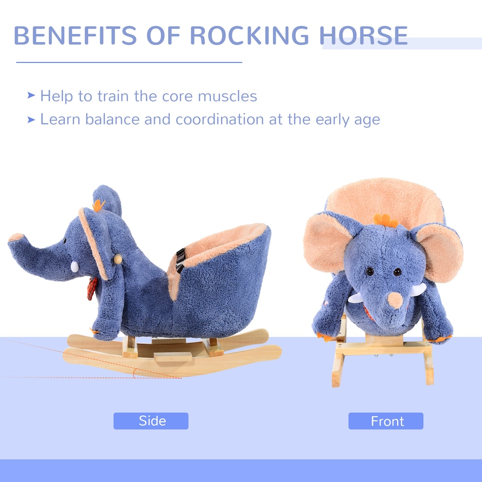 image 1 of HOMCOM Children Kids Rocking Horse Toys Plush Elephant Rocker Seat with Sound Toddler Baby Gift for 1.5 Years Plus Blue