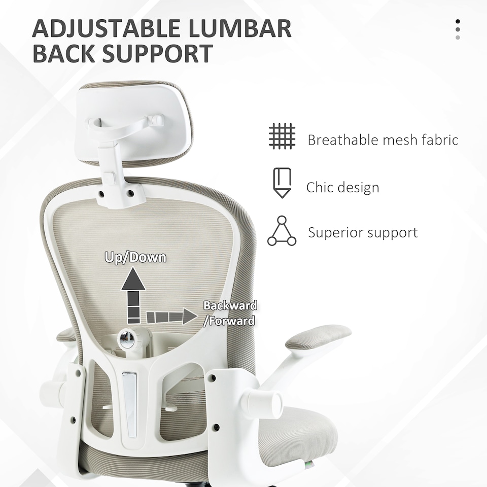 image 1 of Vinsetto High Back Office Chair, Mesh Computer Desk Chair with Rotatable Headrest, 4D Lumbar Support, Flip-up Arm, Adjustable Height, Grey