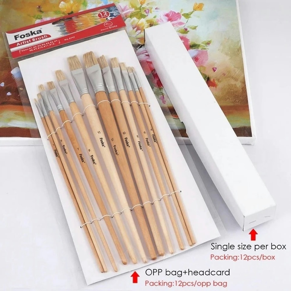 image 1 of Pack of 12 Assorted Size Wooden Handle Bristle Hair Artist Paint Brush Set