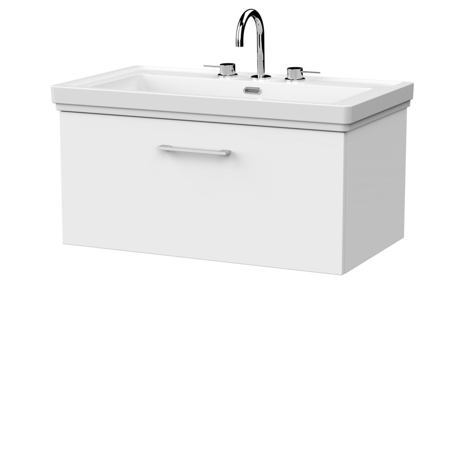 image 1 of Balterley Pershall Contemporary Wall Hung 1 Drawer Vanity Unit with Traditional 3 Tap Hole Fireclay Basin, 800mm, Matt White