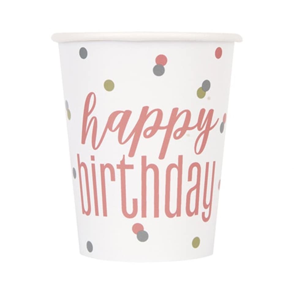 Rose Gold Glitz Happy Birthday Paper Cups 270ml - Pack of 8