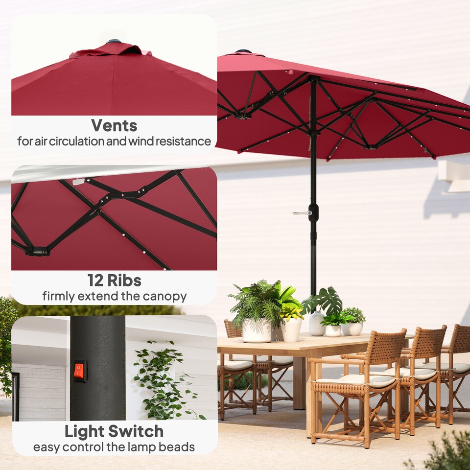 image 1 of Outsunny 4.4m DoubleSided Sun Umbrella Garden Parasol Patio Sun Shade Outdoor with LED Solar Light, NO BASE INCLUDED, Wine Red
