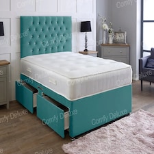 4ft6 Double Green Plush Velvet Divan Bed With Headboard & Memory Sprung Mattress 2 Drawers One Each Side